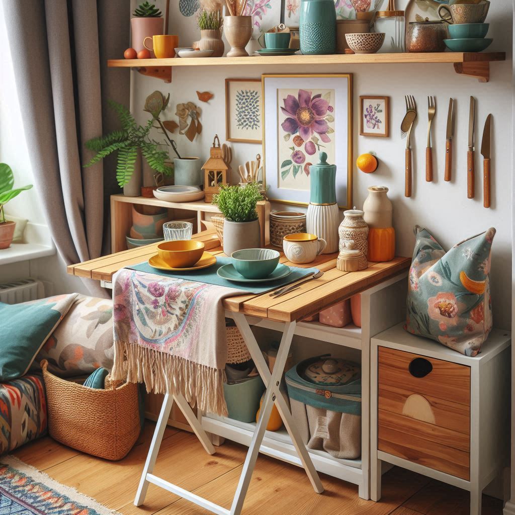 A partially folded drop-leaf table in a cozy dining nook. Colorful tableware and fresh flowers adorn the table.