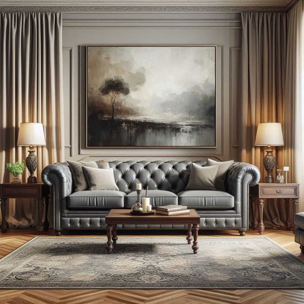 Tufted grey leather Chesterfield sofa with wood side tables, abstract painting, and beige curtains.