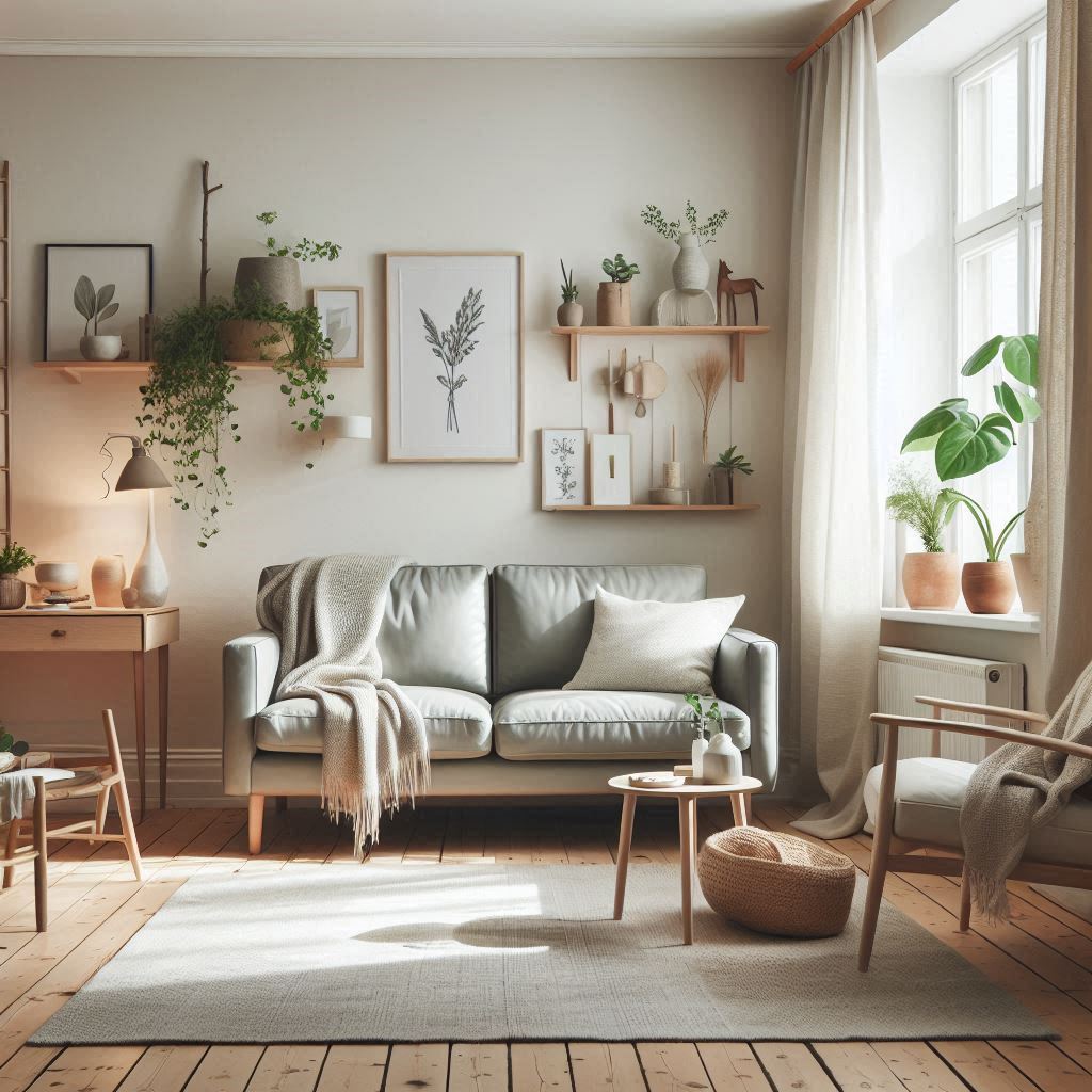 Minimalist grey leather couch with light wood furniture, throw blanket, and potted plants.