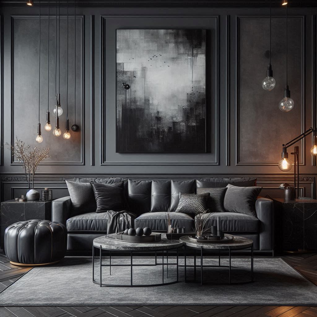 Dark grey leather couch with marble coffee table, industrial wall art, and metal lighting.