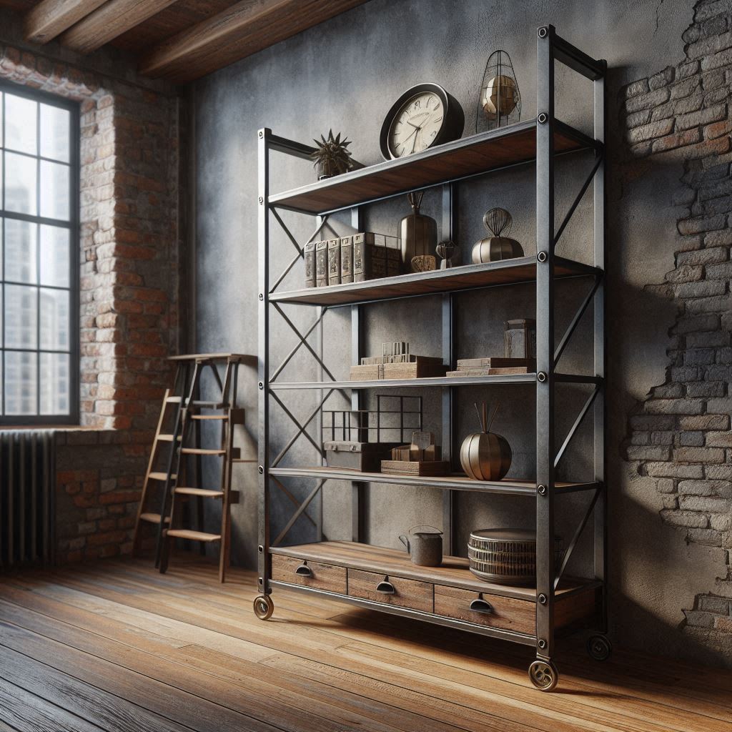 Industrial-style ladder shelf with a metal frame and dark wood shelves, displayed in a loft-like space with exposed brick walls and vintage decor elements.