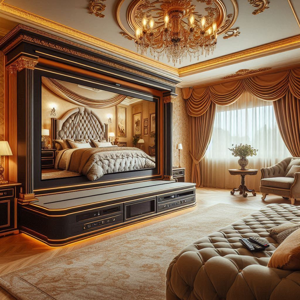 Spacious master bedroom with a luxurious king-size TV bed, TV in an upright position, surrounded by elegant furnishings and a warm color palette