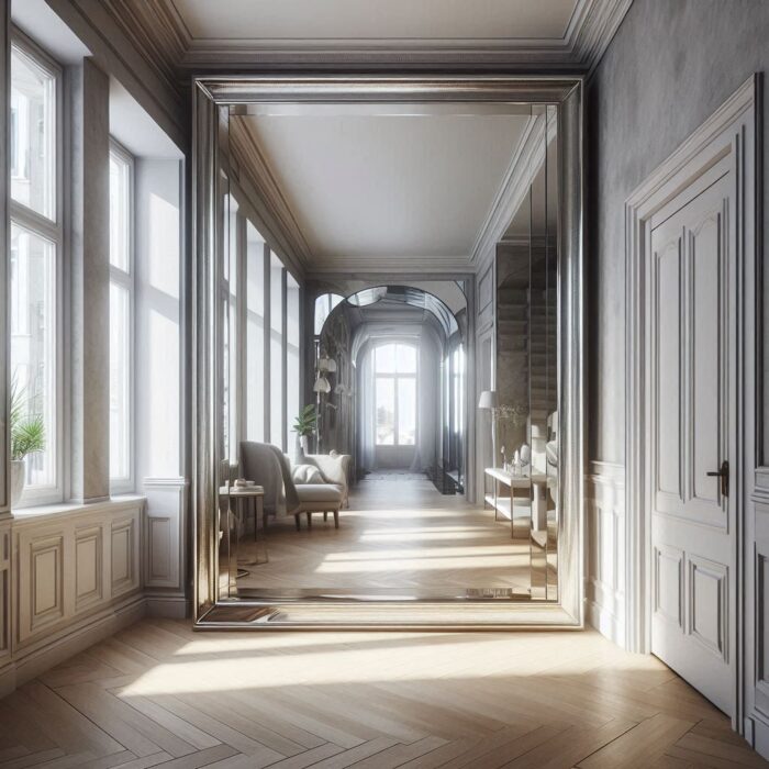 Narrow hallway with a large oversized mirror covering a significant portion of one wall, creating an illusion of endless space and a bright, airy atmosphere.