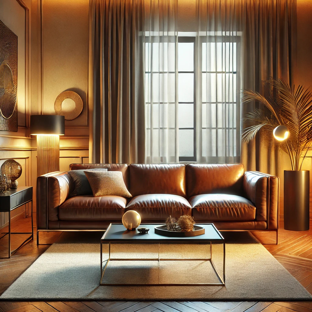 A stylish living room featuring a luxurious brown leather sofa at the center, accompanied by a decorative coffee table, a soft area rug, and a side table with a lamp. Natural light streams in through large windows, creating a warm and inviting ambiance.