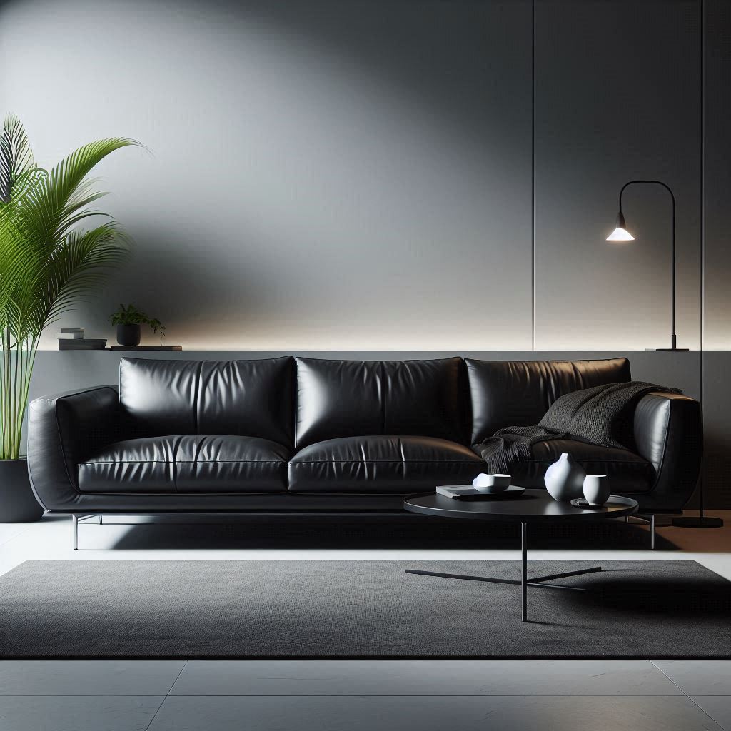 Sleek, low-profile black leather couch with clean lines in a minimalist, open-concept living room with light gray walls, modern accents like a coffee table, and indoor plants.