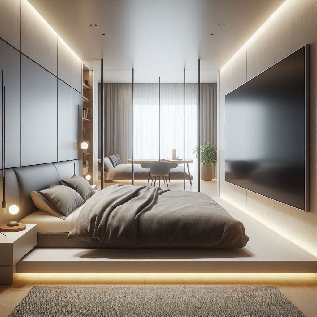 Contemporary bedroom with a sleek, modern bed featuring a flat-screen TV integrated into the footboard, minimalist decor, and soft lighting creating a cozy atmosphere.