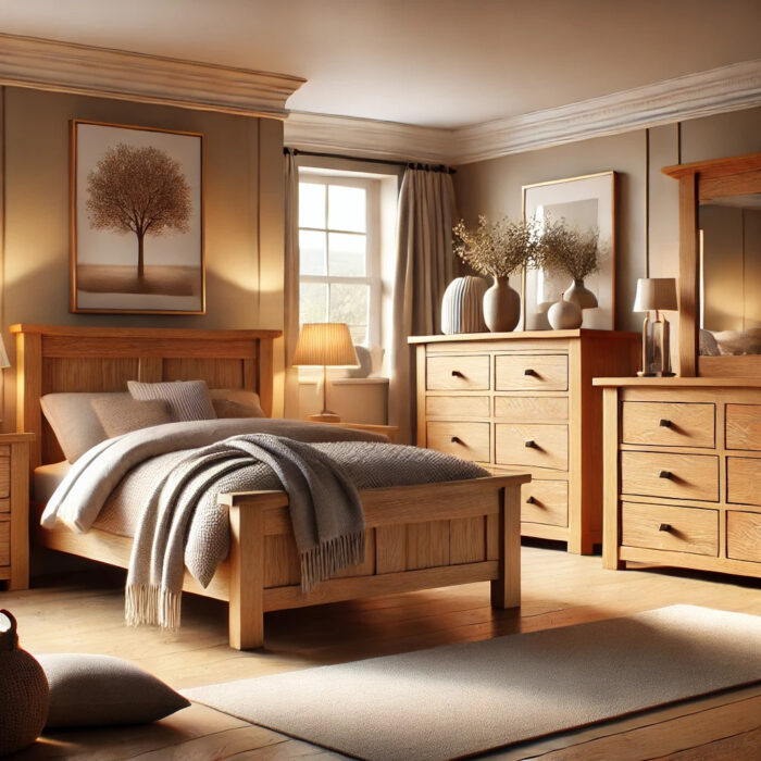 Bedroom with oak furniture including a queen-size bed with storage, dresser, and bedside tables, in a warm and cozy setting with neutral walls and soft lighting.