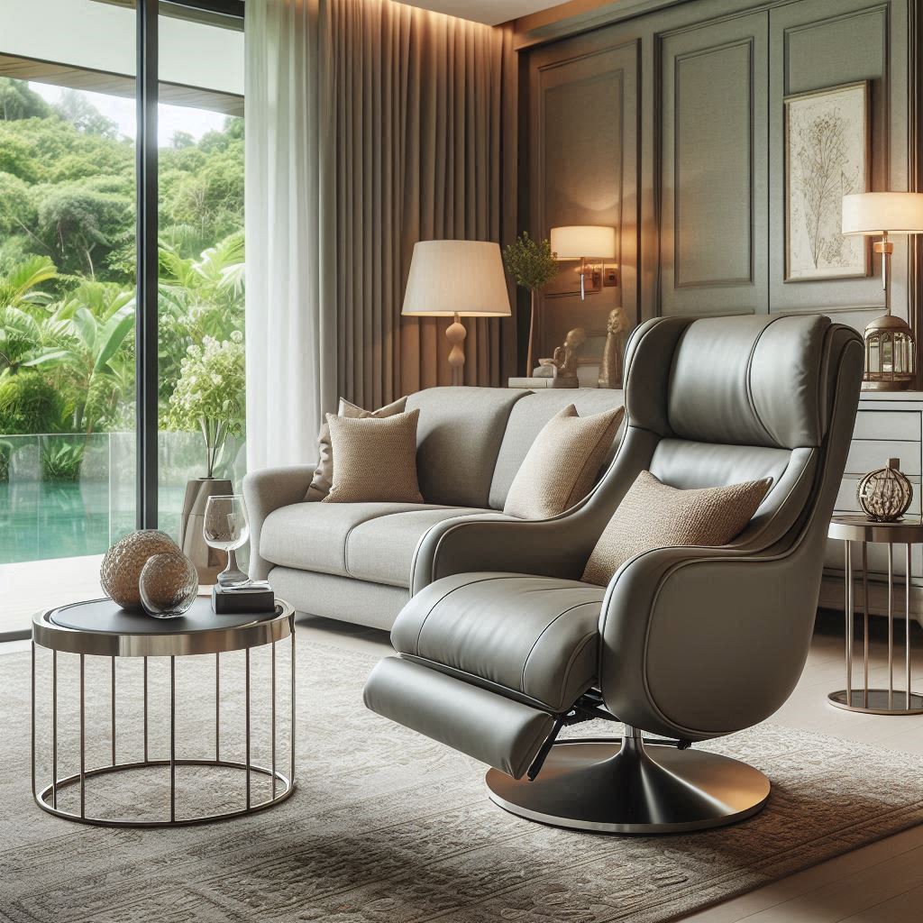 A modern living room with a gray reclining swivel chair, a round side table, and a comfortable sofa. Large windows show lush outdoor scenery.