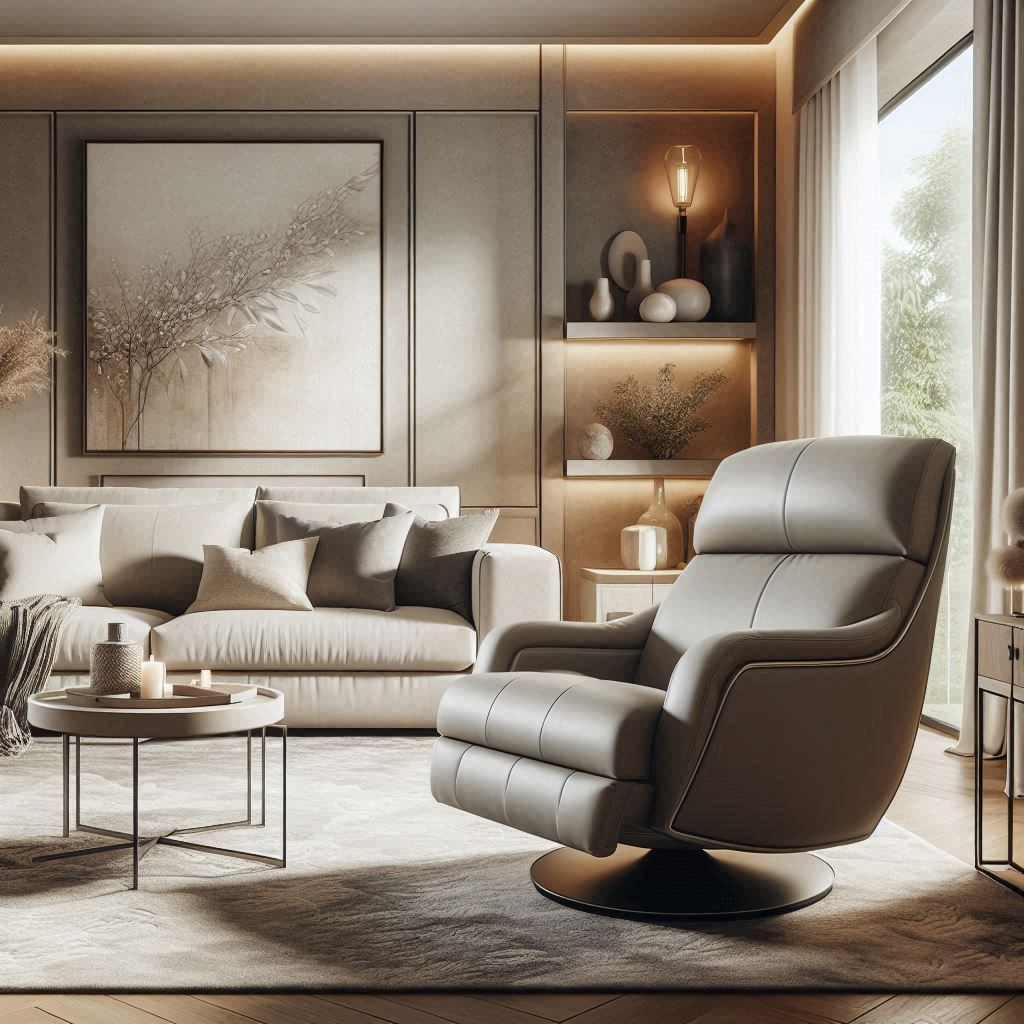 An elegant, contemporary living room with a reclining swivel chair covered in soft, neutral fabric. Beside it is a modern side table with a small potted plant or candle. The room features a plush area rug, a large sofa with throw pillows, subtle wall art, and a large floor-to-ceiling window allowing natural light to highlight the refined textures and calm color scheme. Soft, layered lighting creates a warm and inviting atmosphere.