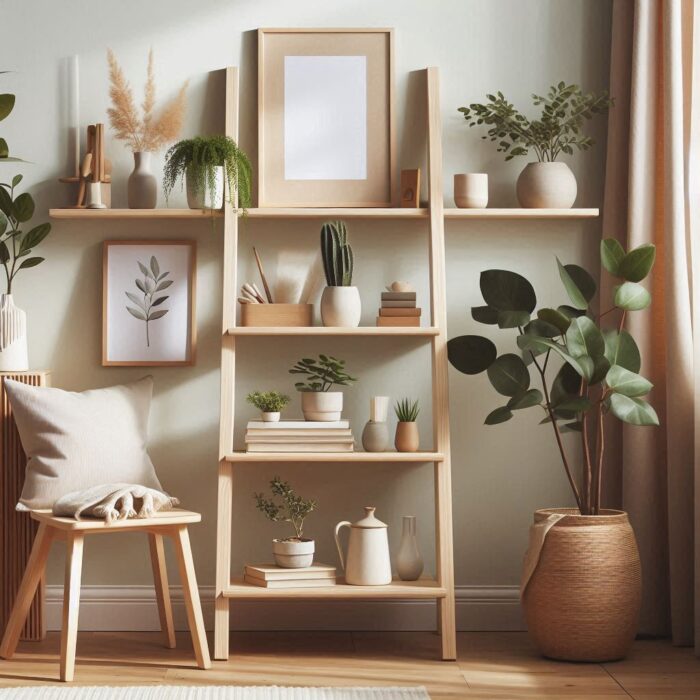 Scandinavian-style ladder shelf made from light wood, arranged with minimal decor, plants, and books, in a room with soft natural lighting and neutral tones.