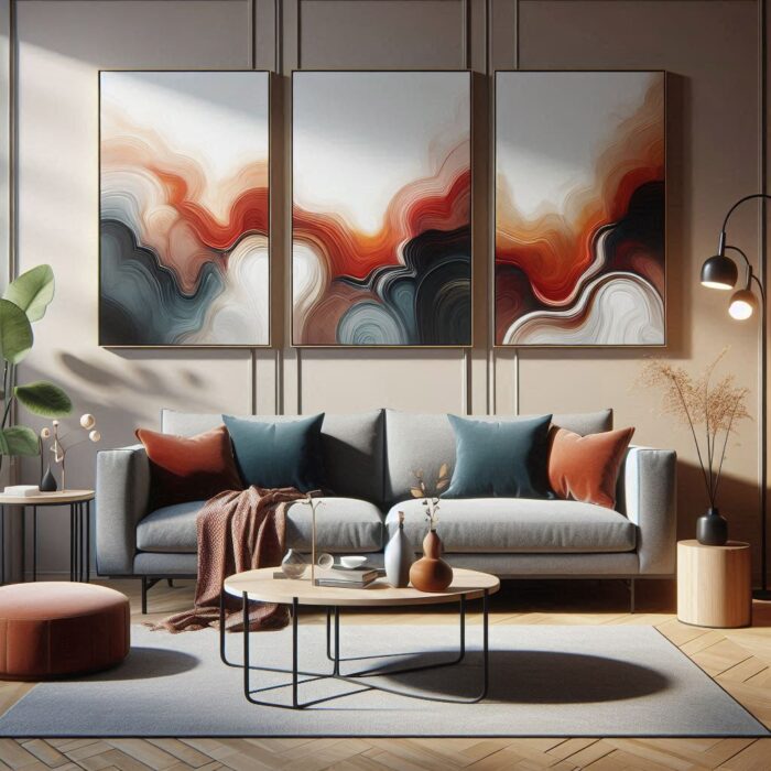 Living room with a modern sofa, set of three abstract paintings above it, coffee table, and side table, creating a warm, inviting, and stylish space.