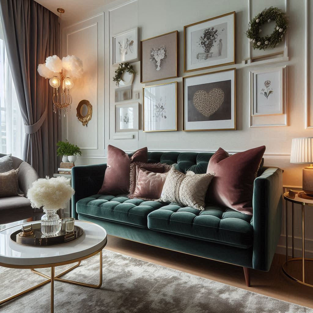 Cozy living room with a luxurious velvet small sofa, decorative pillows, and a stylish coffee table.