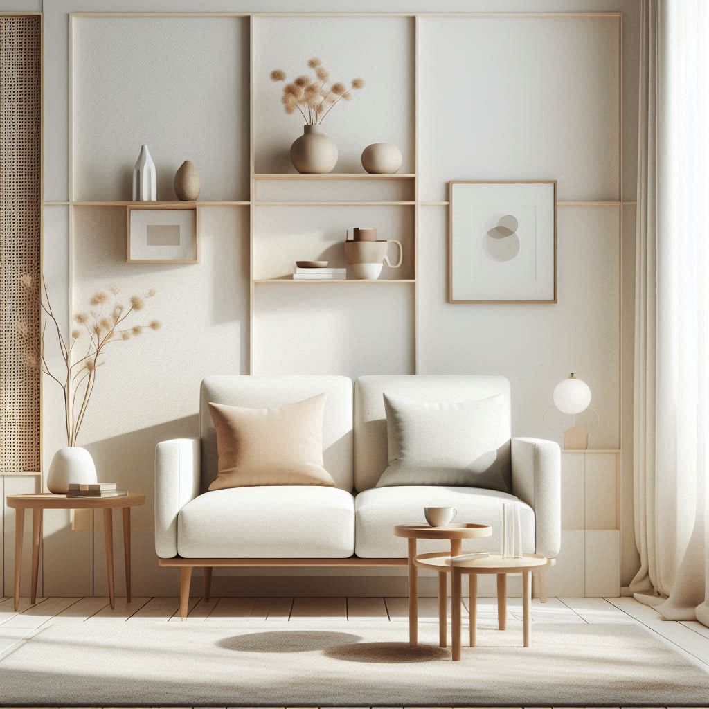 Bright, airy room featuring a modern minimalist small sofa, side table, and a rug.