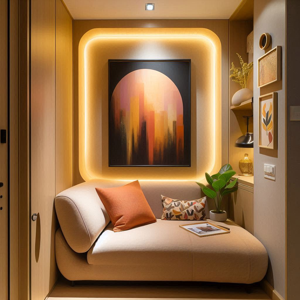 Warm corner with a chaise sofa, accent lighting, and vibrant wall art.