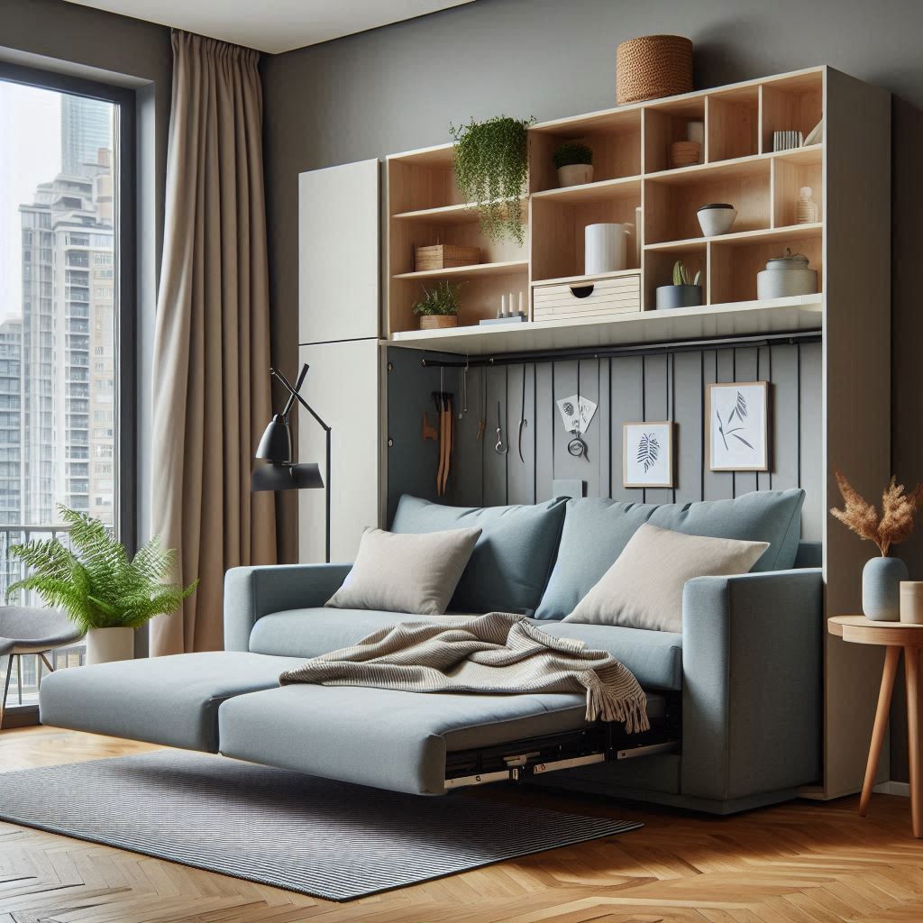 Inviting reading nook with a small sofa and matching footstools.