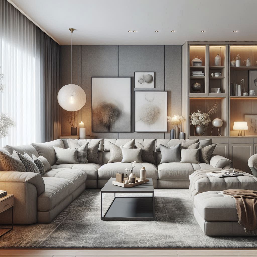 A modern and stylish living room with a comfortable sectional sofa and matching recliner. The sofa features neutral tones, while the recliner adds a pop of color. Textured fabric and subtle decor elements create a welcoming atmosphere.