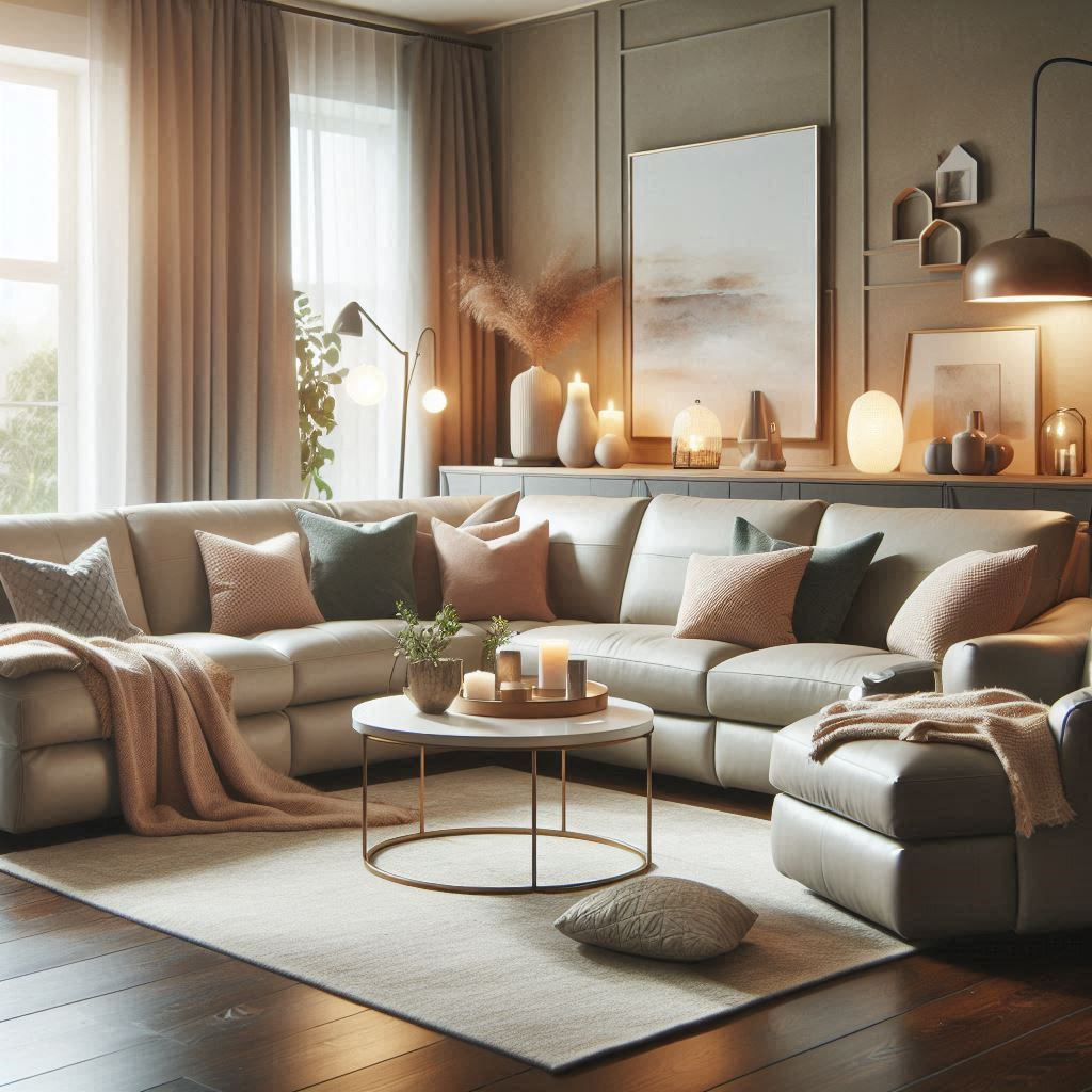 A modern and stylish living room with a comfortable sectional sofa and matching recliner. The sofa features neutral tones, while the recliner adds a pop of color. Textured fabric and subtle decor elements create a welcoming atmosphere.