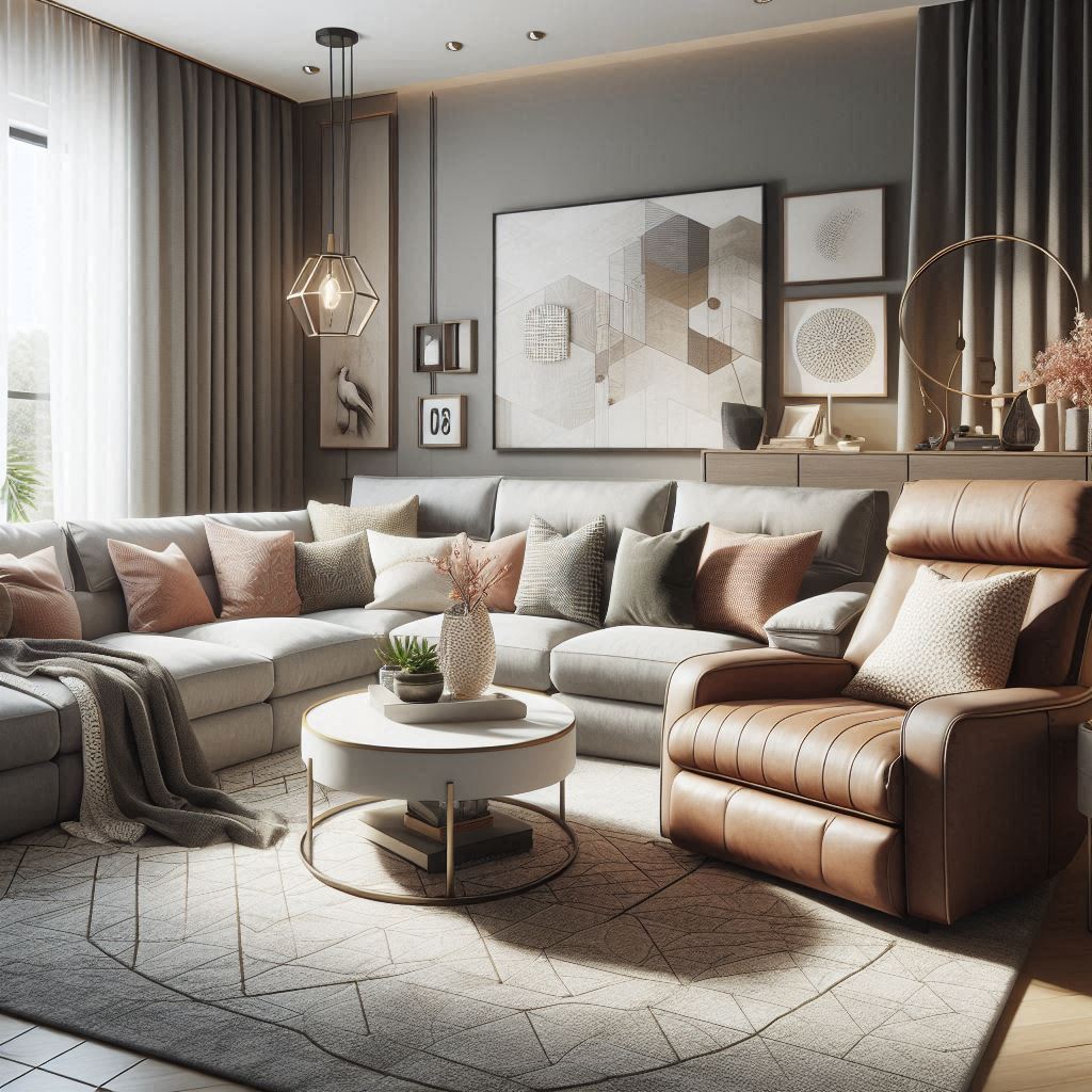 A modern and stylish living room with a comfortable sectional sofa and matching recliner. The sofa features neutral tones, while the recliner adds a pop of color. Textured fabric and subtle decor elements create a welcoming atmosphere.