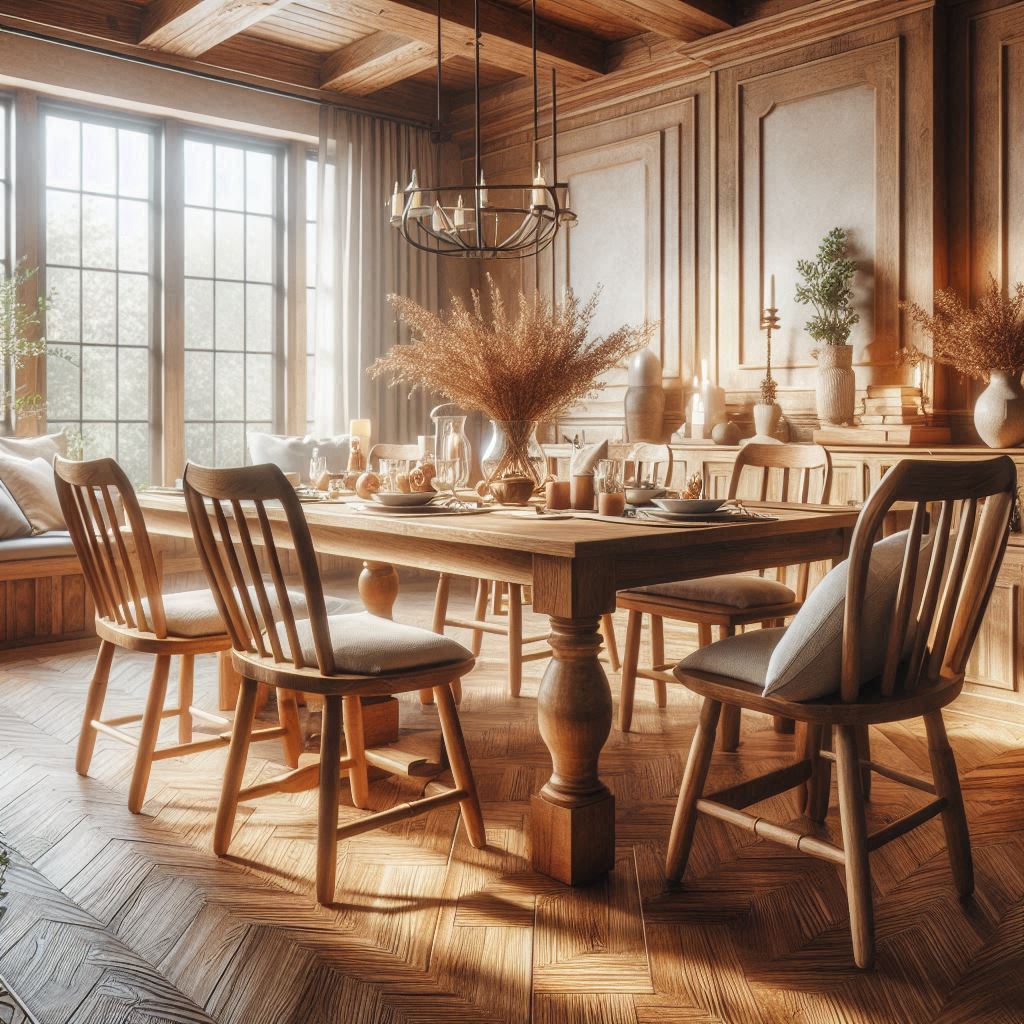 A cozy dining room with a rustic wooden table and matching chairs. Sunlight streams through the window, illuminating the warm tones of the wood.