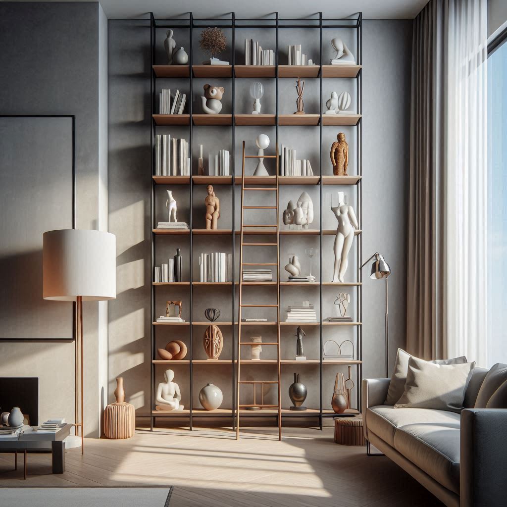 Tall, floor-to-ceiling ladder shelf in a modern living room, displaying books, sculptures, and a lamp, with modern furniture and an emphasis on open space and light.