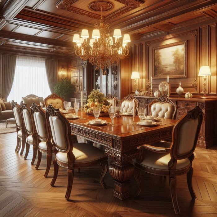 Warm, classic-style dining room with a large, richly polished wooden table, surrounded by elegant upholstered chairs, warm lighting, and traditional decor elements.