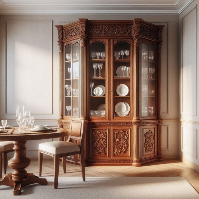 Traditional wooden corner cabinet in a dining room, featuring intricate wood carvings, polished finish, holding glassware and fine china, with neutral walls and light-colored flooring.