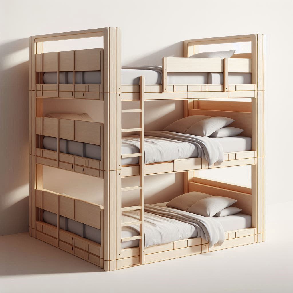 Dynamic staggered triple bunk bed. Beds at varying heights for a unique look.