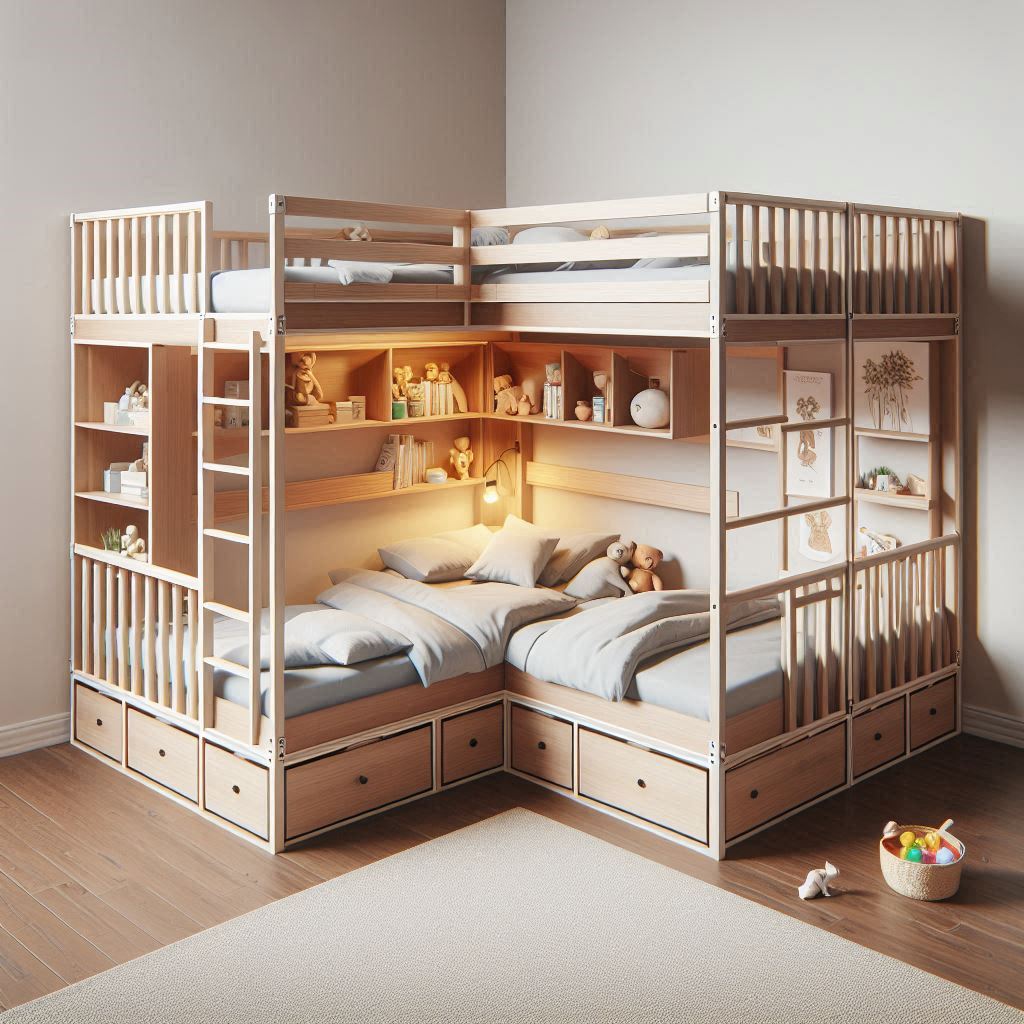 L-shaped triple bunk bed with storage underneath. Beds arranged in an L configuration.