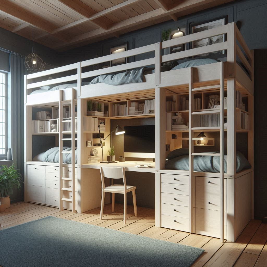 Triple loft bunk bed with workspace below. Upper beds, lower workspace.