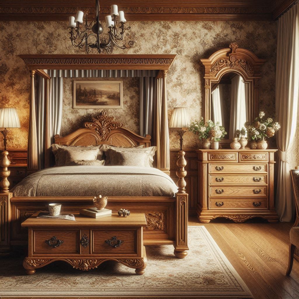 A classic oak bedroom with a canopy bed, antique oak chest, and ornate oak dresser with a vintage mirror. The room has rich, warm tones, floral wallpaper, and soft, elegant drapes, creating a timeless and inviting atmosphere.