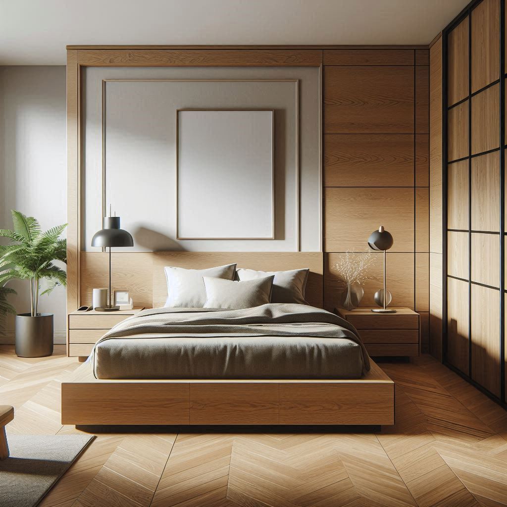 A modern oak bedroom with a sleek platform bed, contemporary bedside tables, a spacious oak wardrobe with glass doors, a modern lamp, indoor plants, and large windows allowing natural light to illuminate the space.