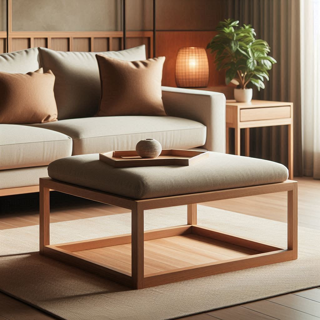 A stylish coffee table footstool with a wooden frame and a cushioned top in a neutral color like beige or soft gray, placed in a warm, inviting living room. The room features a minimalist coffee table, a comfortable sofa with throw pillows, a small indoor plant, and soft lighting, creating a contemporary design with clean lines and cozy textures for a relaxing, modern feel.