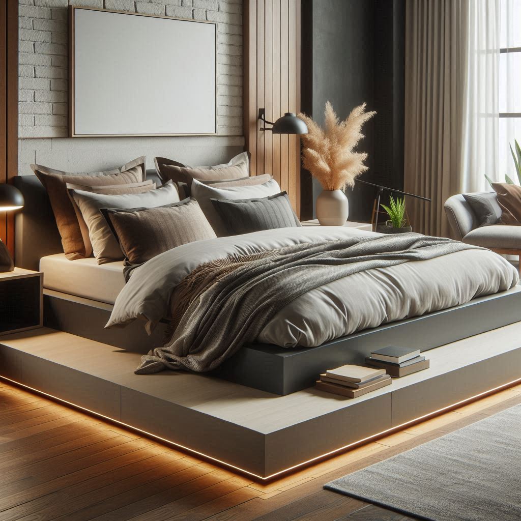 A minimalist platform bed with a low-profile design, featuring a sturdy frame and no need for a box spring, blending comfort and style.