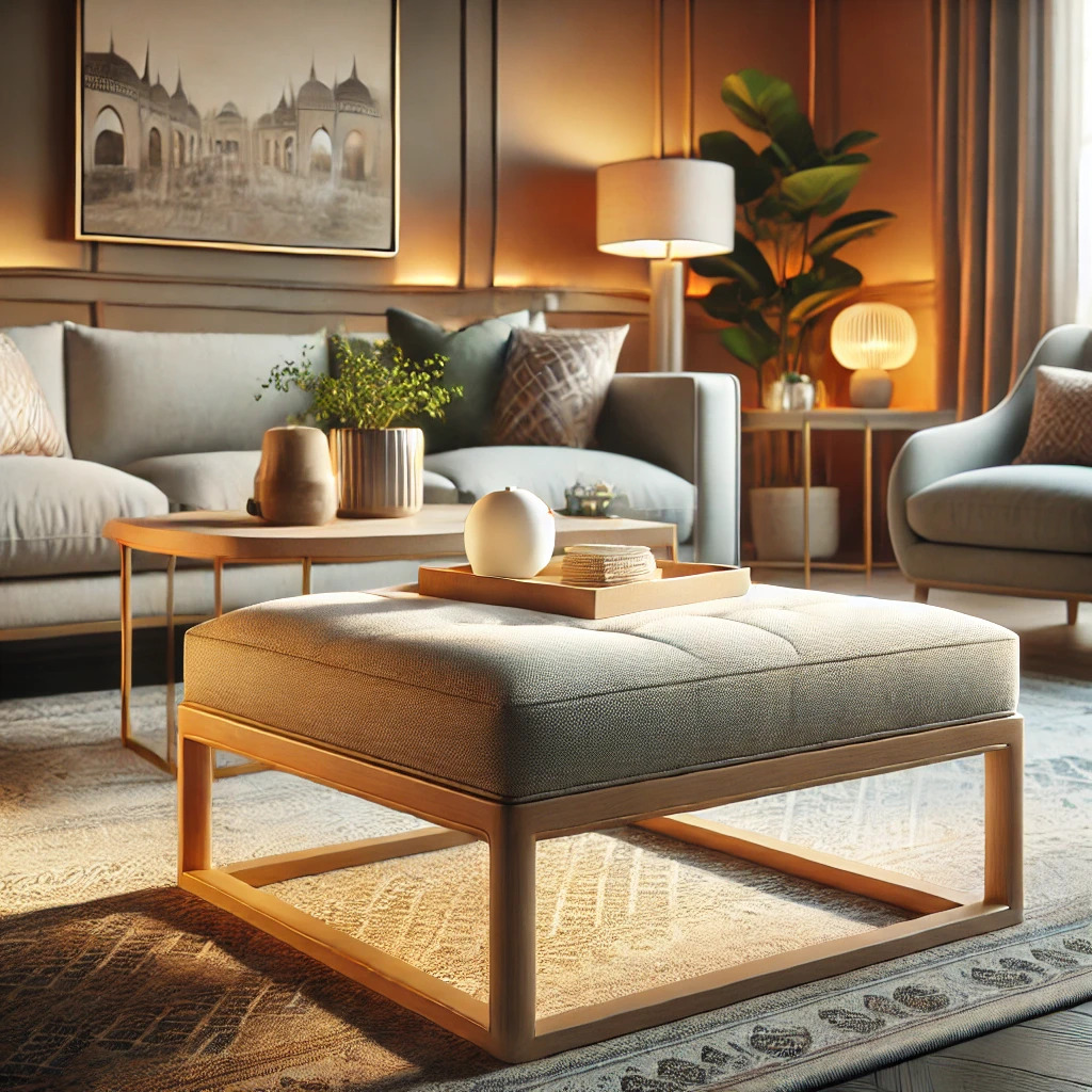 Modern coffee table footstool in a cozy living room with a neutral-toned upholstered top, paired with a chic coffee table, sofa, rug, and plants. Warm lighting enhances the space.
