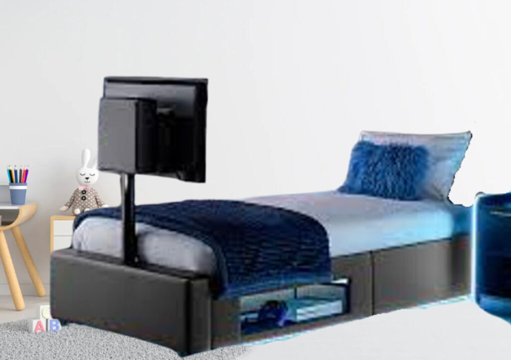 Single bed with built-in TV lift, blue and grey bedding, and under-bed storage, set in a modern bedroom with a bedside table and bunny doll decor.