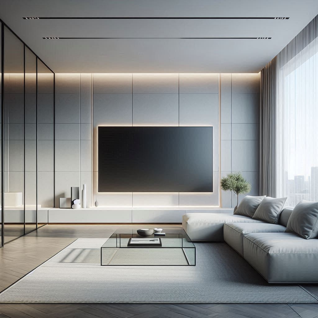 A contemporary living room with a minimalist floating TV stand mounted on a sleek wall. The stand has a clean design with built-in lighting beneath it. The room is furnished with a simple sofa, a glass coffee table, and large windows allowing natural light to brighten the space, highlighting the open and airy feel.