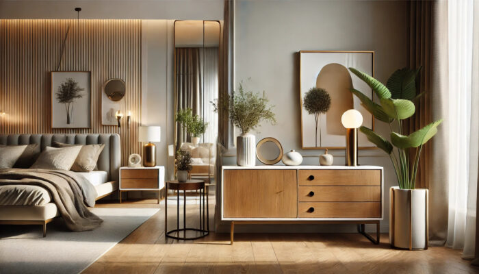 Modern home interior with a narrow wooden sideboard, matching side table, coffee table, and bedside table, accented by art, a mirror, and soft lighting in a neutral, cosy setting.