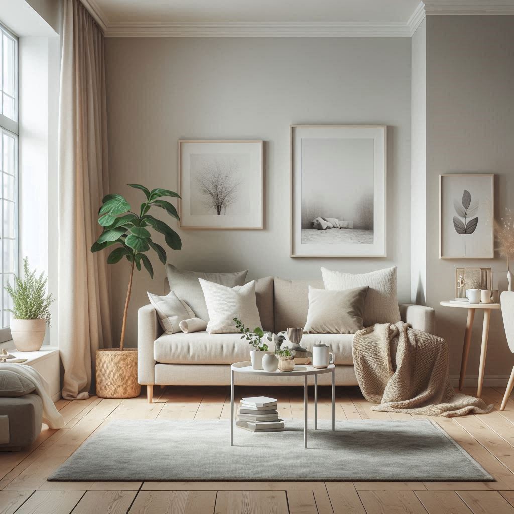 Modern gray sofa bed in a small apartment living room.