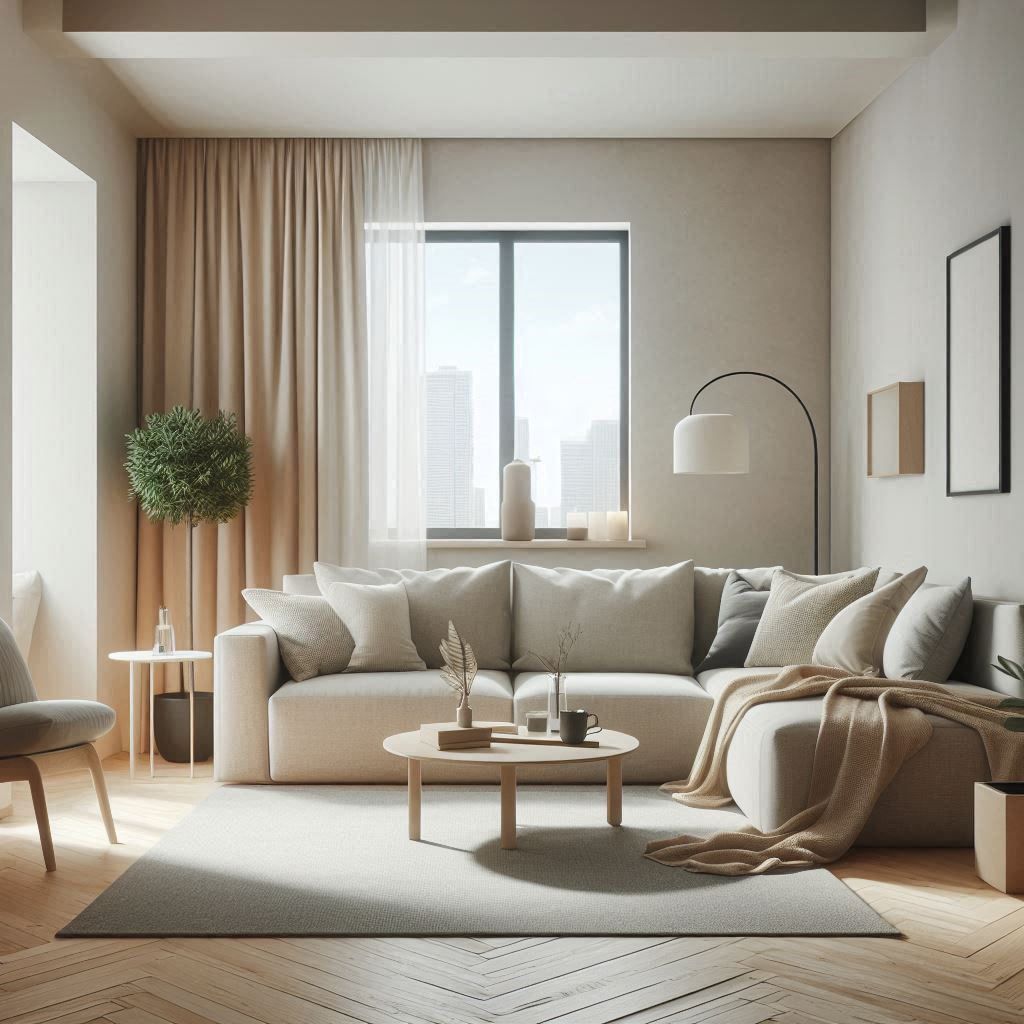 Modern gray sofa bed in a small apartment living room.