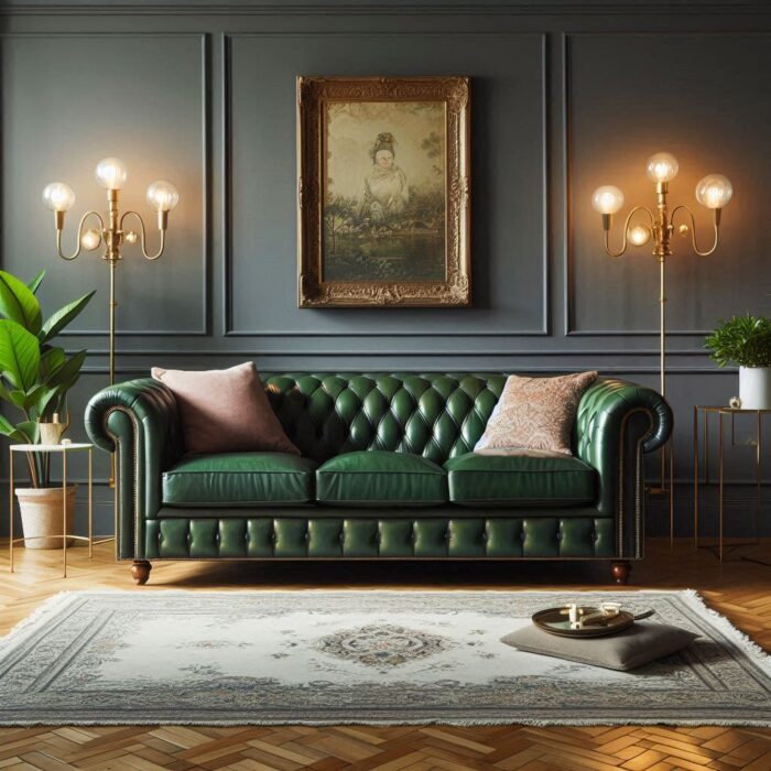 Beautifully styled living room with a classic Chesterfield green leather couch, showcasing elegance and sophistication, complemented by rich textures and refined decor elements.