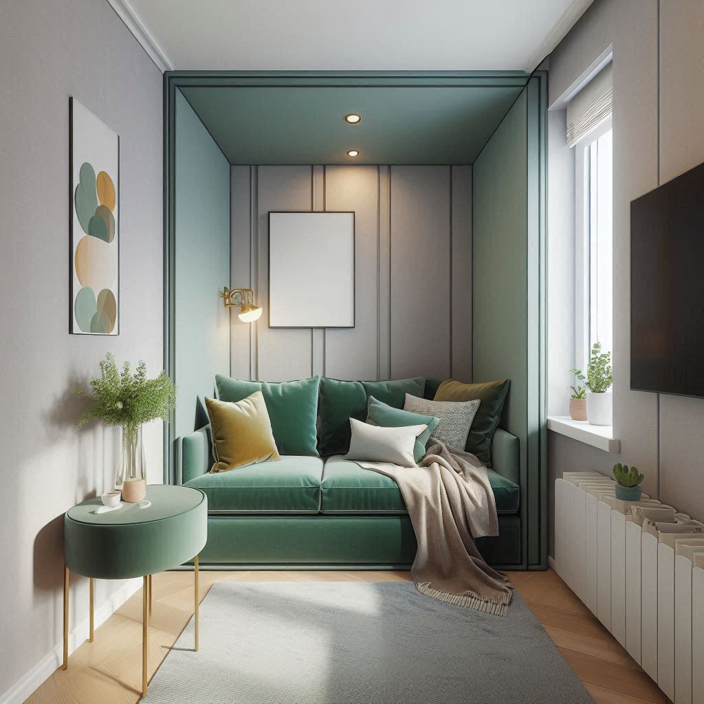 Compact living room with a small green velvet settee, light-colored walls, and bright accents, maximizing space while maintaining a chic aesthetic.