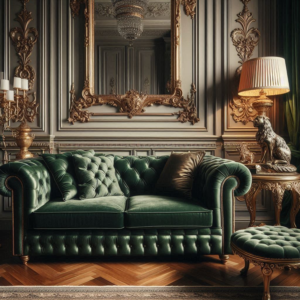 Luxurious Chesterfield green velvet settee in a classic room with opulent decor, rich textures, and stylish accessories.