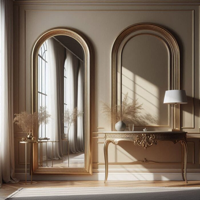 A stylish interior scene with a large classic arch mirror with an ornate gold frame above a vintage console table, paired with a modern minimalist arch mirror on the opposite wall. The room features elegant decor and natural light casting gentle reflections.