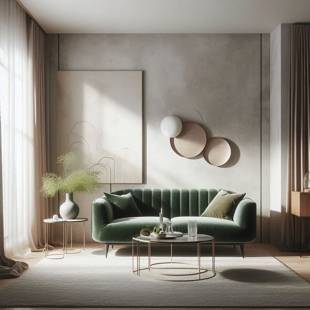 Elegant living room with a modern green velvet settee, minimalist decor, natural light, and soft textures.