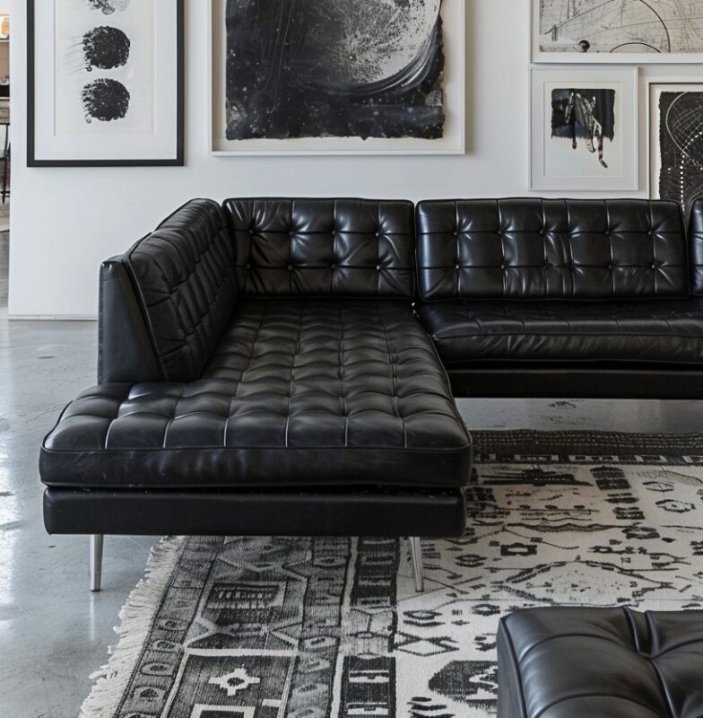 Black sofa bed with tufted cushions in a modern room with abstract black and white art on the walls.