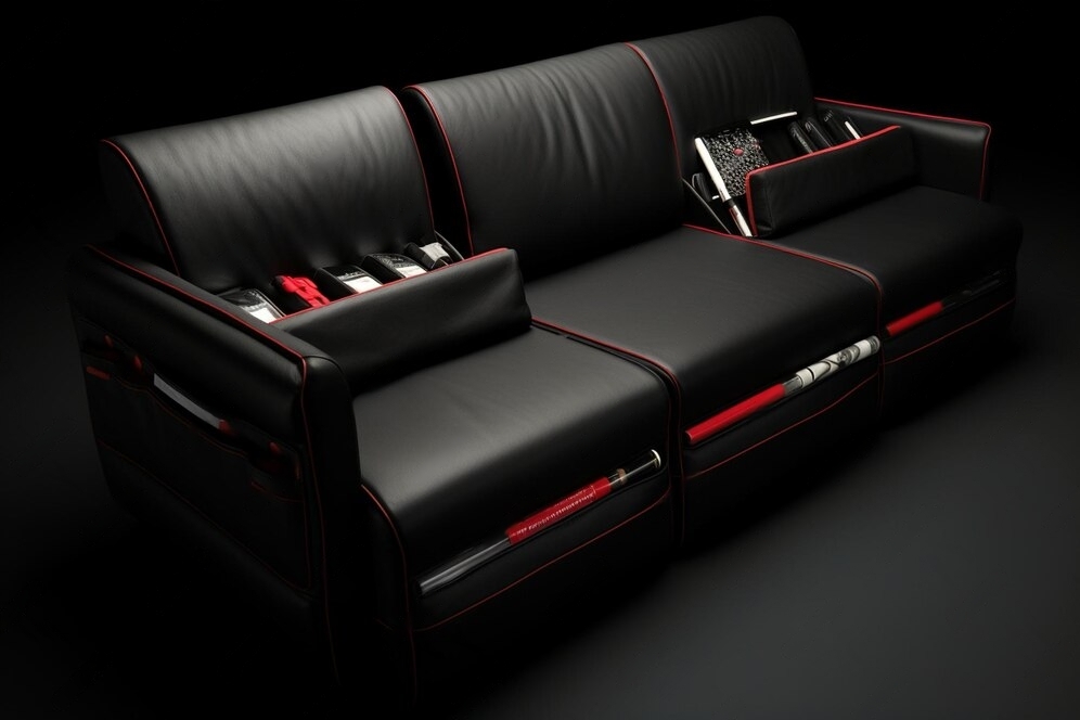 Black sofa bed with red accents and built-in storage compartments.