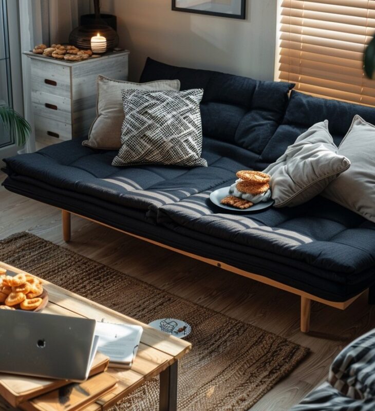 Black sofa bed with pillows, a plate of cookies, and a cozy living room setup.