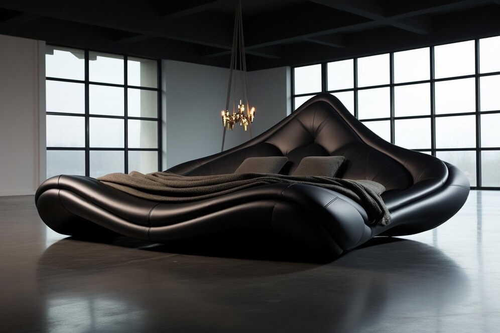 Black sofa bed with wave-like design in a modern, spacious room.