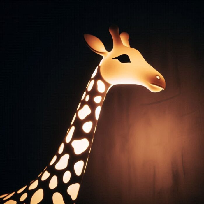 Close-up of a giraffe lamp in a dimly lit room, highlighting its unique silhouette and the soft, warm glow it emits, against a minimalist background.