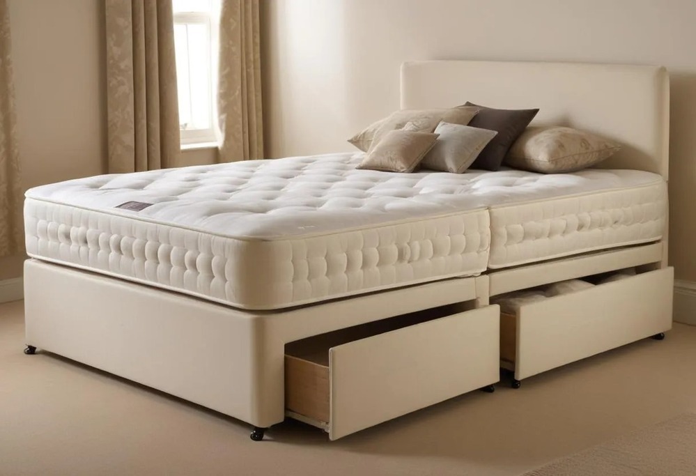 Double mattress with storage drawers and decorative pillows in a cozy bedroom setting.